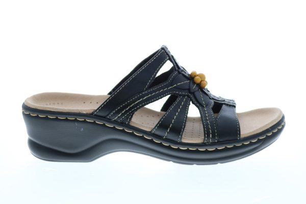 Clarks Lexi Myrtle 26065112 Womens Black Leather Slides Sandals Shoes For Cheap