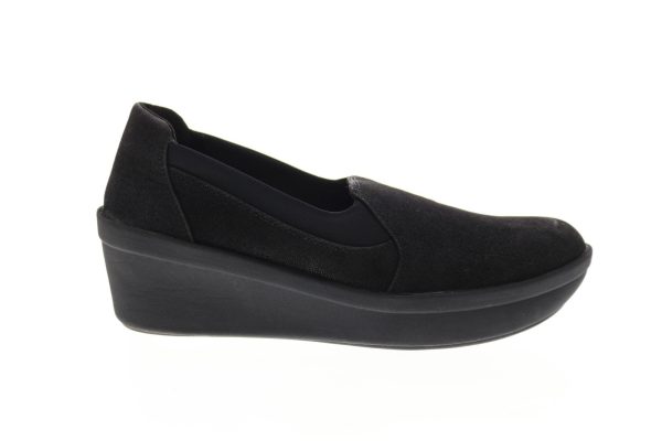 Clarks Step Rose Moon 26145987 Womens Black Wide Canvas Loafer Flats Shoes Online now