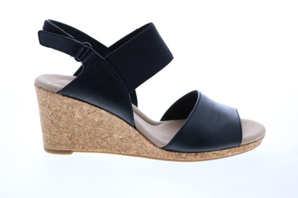 Clarks Lafley Lily 26150032 Womens Black Leather Strap Wedges Heels Shoes on Sale